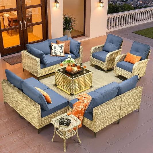 10 Pieces Wicker Patio Furniture Set,Outdoor Sectional Sofa with Swivel Chairs Coffee Table,Outside Deep Seat Rattan Couch Conversation Set,Denim Blue