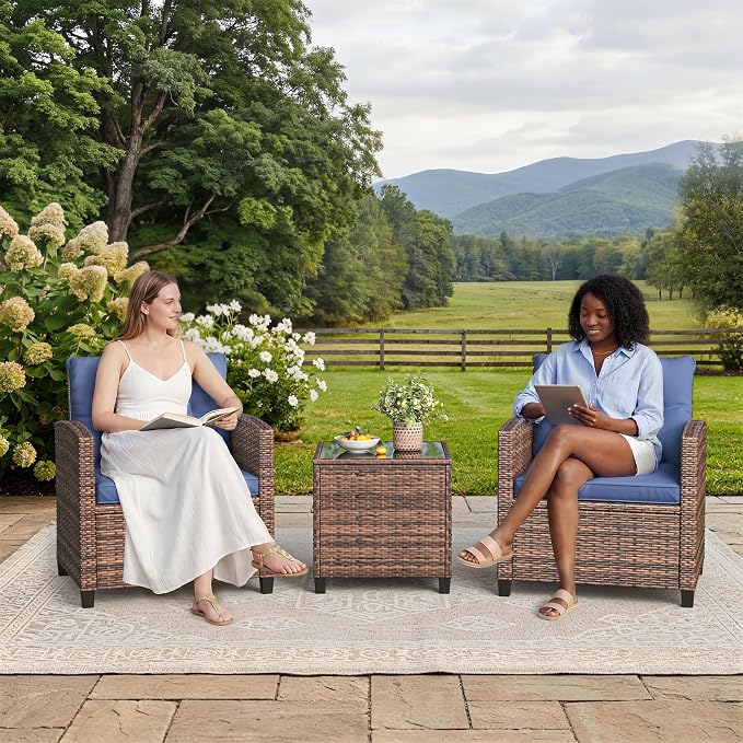 GarveeHome 3-Piece Outdoor Wicker Sofa Set, PE Rattan Patio Furniture with Removable Washable Blue Cushions & Tempered Glass Table, Conversation Seating for Garden, Poolside, Balcony, Brown Wicker