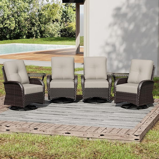 Joyside Wicker Patio Furniture Set, 6 Piece Outdoor Furniture Set with Thickened Cushions, High Back, Deep Seating, Wide Armrest, Outdoor Swivel Rocker Chairs for Porch, Deck