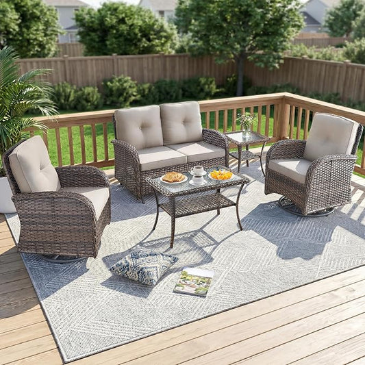5 Piece Patio Furniture Set - Wicker Patio Conversation Set with Swivel Glider, Loveseat Bench, Tempered Glass Side Table and Coffee Table for Deck Backyard - Brown Wicker Beige Cushion