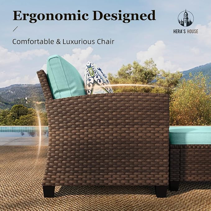 HERA'S HOUSE Wicker Patio Furniture Set, 5 Pieces Outdoor Furniture Set, Deep Seating Patio Conversation Sofa Sets for Lawn Deck Backyard, Blue