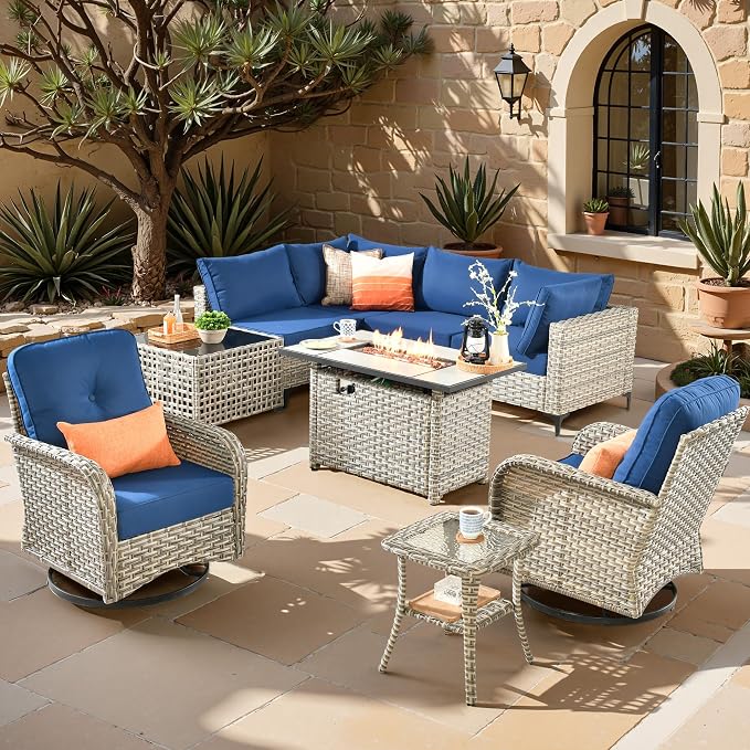 Outdoor Sectional Patio Furniture Set,9 Pieces All Weather Rattan Wicker Conversation Sets with Fire Pit,Out Door Furniture with Swivel Chairs Glowing Coffee Table,Navy Blue