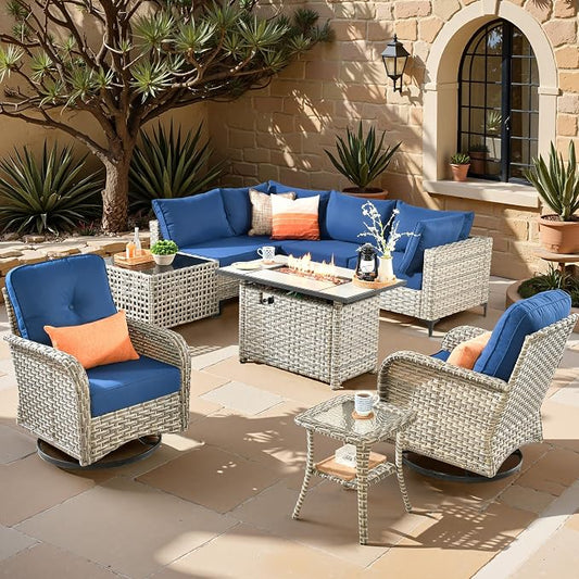 Outdoor Sectional Patio Furniture Set,9 Pieces All Weather Rattan Wicker Conversation Sets with Fire Pit,Out Door Furniture with Swivel Chairs Glowing Coffee Table,Navy Blue