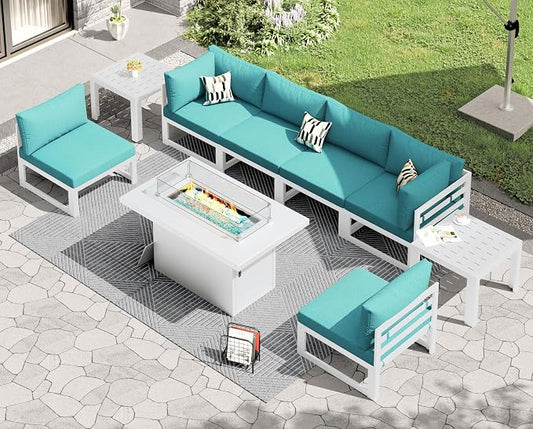 RADIATA 9 Piece Large Modern Aluminum Outdoor Patio Furniture Set with Fire Pit Table Propane/Gas, 29 inch Wide Deep Seat, Anti-Rust Comfy Sectional Sofa, 500 lbs Sturdy Conversation Set, Turquoise