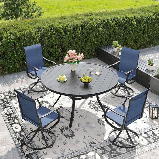 DIFY 5 Pieces Outdoor Dining Set for 4, Outdoor Furniture Set of 4 Blue Textilene Swivel Patio Chairs, 47.2" Black Round Metal Dining Table with Umbrella Hole for Garden Deck Backyard