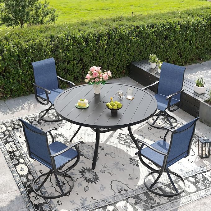 DIFY 7 Piece Outdoor Dining Set for 6, 53.1" Black Round Metal Dining Table with Umbrella Hole and Swivel Patio Chairs with Blue Textilene Fabric, Patio Table and Chairs Set for Garden Backyard Deck