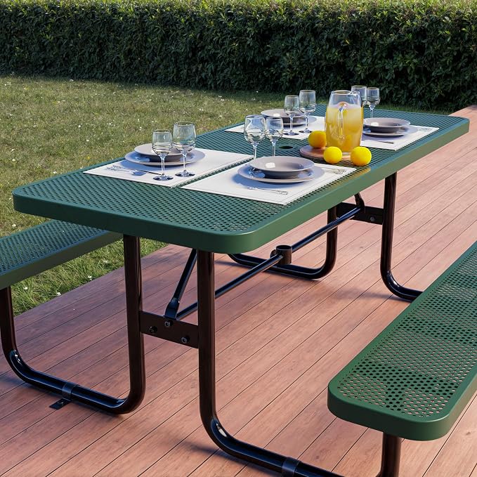 Commercial Heavy-Duty Metal Picnic Table - ADA Compliant, Adjustable Seats, Umbrella Hole (Green, 6' Rectangular, Punched Steel)