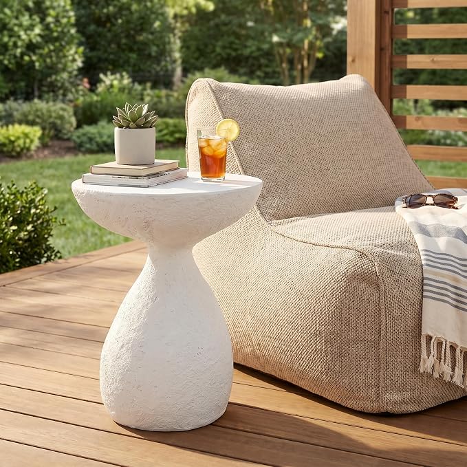 Merax Small Outdoor Patio Side Table, Modern MGO Accent End Table for Indoor Outdoor, 20.87" Height Small Round Patio Coffee Table with Vase-Shaped Base, No Need Assembly, White Textured Stone-Look