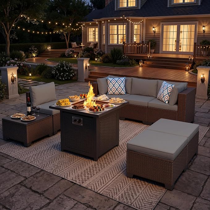 Gizoon 7 Pieces Outdoor Patio Furniture Set, All-Weather PE Rattan Wicker Sectional Sofa Seating with Waterproof Cushions and Coffee Table, Outdoor Conversation Set for Garden, Backyard, Balcony