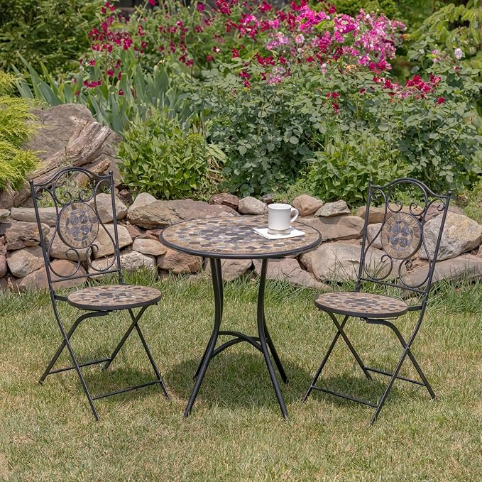 Zaer Ltd. Mosaic Tile Furniture with Black Metal Frame and Patterned Tile Tops (Medora - Black/Stone/Gray, Bistro Set (2 Chairs, 1 Table))