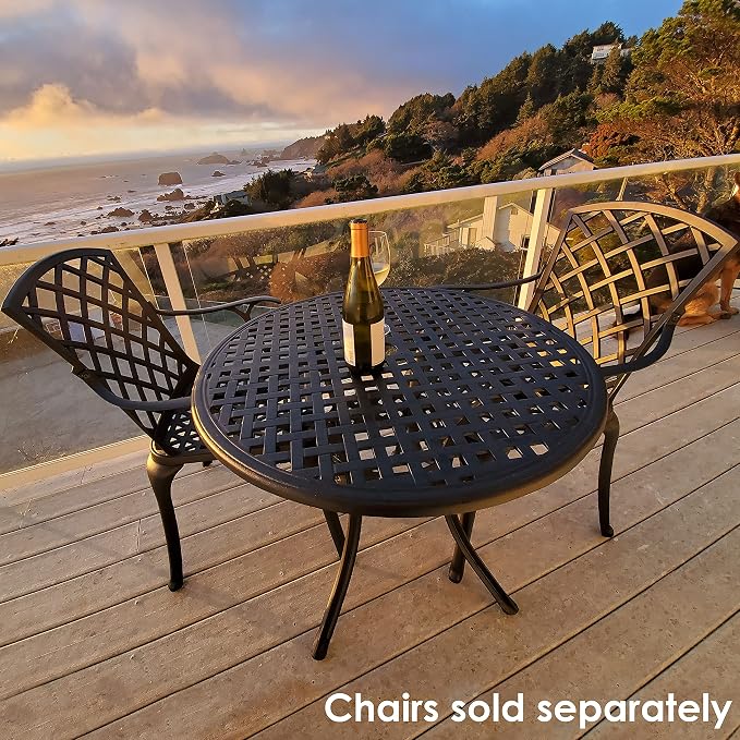 Sunnydaze Decorative Lattice Cast Aluminum Patio Dining Table with Umbrella Hole - 33-Inch Diameter - Black