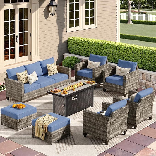 CAODOC 8-Piece Outdoor Wicker Patio Set with 9 Seats, Including 53" Fire Pit - Sectional Sofa and Conversation Set for Backyard or Lawn, Gray Rattan with Waterproof Blue Cushions