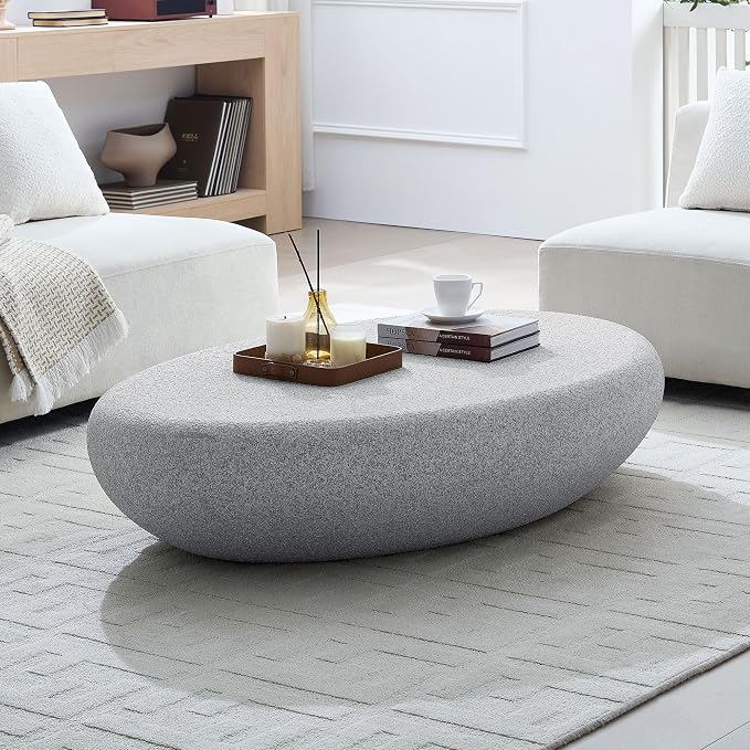 55.12" Faux Stone Coffee Table Modern Unique Coffee Table Oval Rock Center Tables Round Edge Design Fiberglass Concrete Accent Tables for Living Room Office Apartment No Assembly, Cement