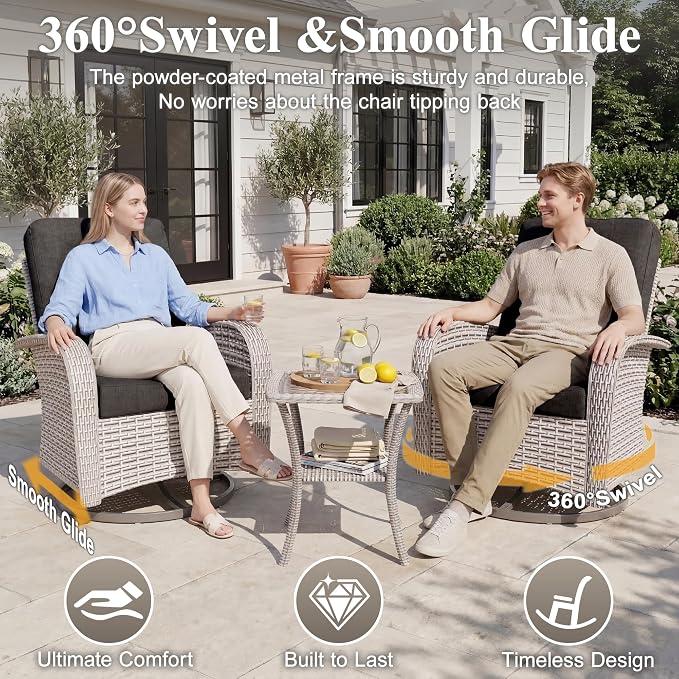 Patio Wicker Chairs Swivel Rocker, Outdoor Swivel Glider Rocker Chairs with Rattan Side Table, All Weather Conversation Set for Porch Poolside Balcony,Black