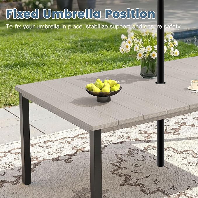 DIFY 7 Pieces Outdoor Patio Dining Set, 6 Grey Stackable Metal Dining Chairs and 63" Grey Wood-Like Rectangle Dining Table, Outdoor Table and Chairs for Lawn Garden Backyard Deck