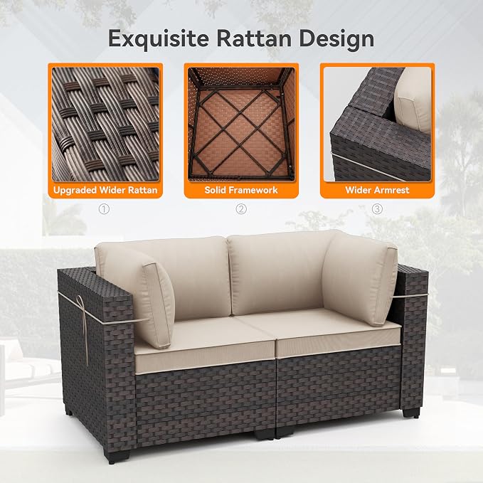 Patio Furniture Set 10 Pieces Wide PE Rattan Sofa Set Outdoor Sectional Furniture,Patio Swivel Chair Sofa Set Patio Conversation Set w/Cushions and Glass Coffee Table,Sand