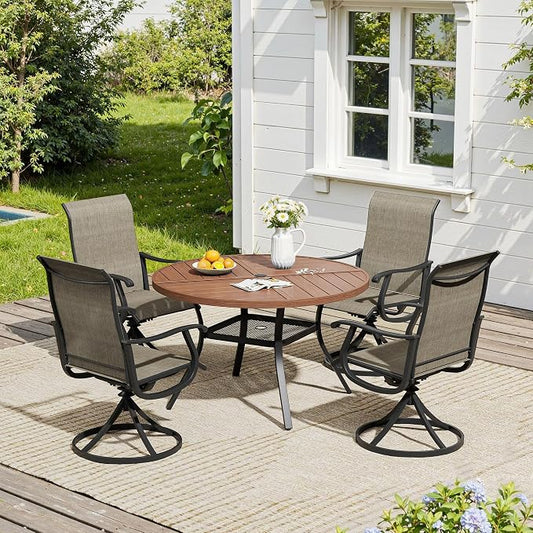VICLLAX 5 Pieces Patio Dining Set, Patio Furniture Set of 4 Patio Swivel Dining Chairs and 40.6" Patio Spliced Round Tabletop with Storage Shelf, Mixed Brown Chairs & Walnut Tabletop