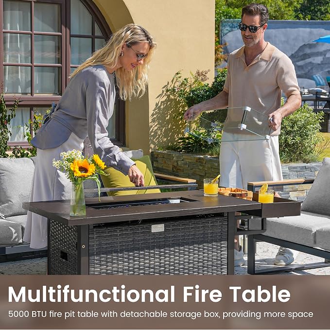 Sundale Outdoor Wicker Patio Furniture Set with Fire Pit, 10 Piece Outdoor Furniture Set with Swivel Chairs, Couch & Ottoman, High Back Patio Conversation Sets with 6" Cushions for Yard, Deck (Grey)