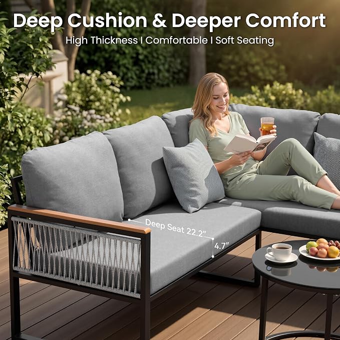 7-Piece L-Shaped Outdoor Sectional Sofa Set with Nesting Table | Hand-Woven PE Wicker, All-Weather Steel Frame, 4.3-Inch Thick Removable Cushions, Glass Coffee Table, Patio Conversation Set