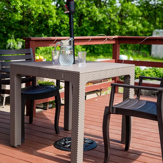 Sunnydaze Plastic Square Patio Table with Umbrella Hole - Faux Woodgrain Top - Indoor or Outdoor Use - Champagne - 29.5" H