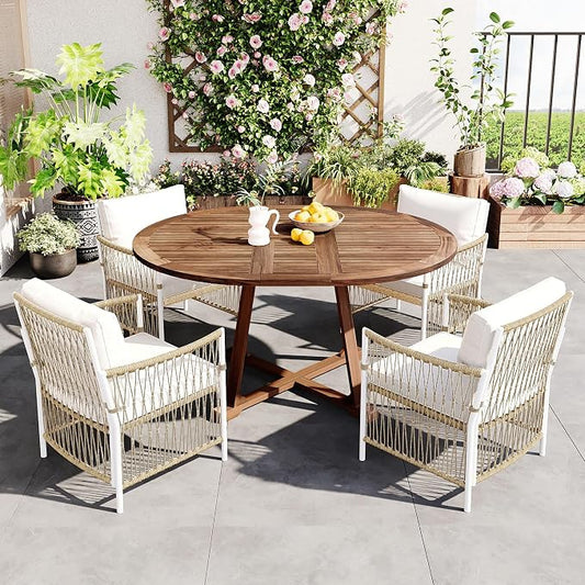 Merax 5 Piece Patio Dining Set, Outdoor Acacia Wood Extendable Round Table with 12 Inch Butterfly Leaf and 4 Rattan Arm Chairs w/Cousions & Pillows for Backyard,Balcony, Garden, Poolside, Natural