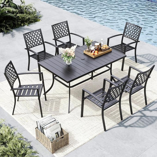 MFSTUDIO Outdoor Dining Set for 6 w/Umbrella Hole | Metal Patio Table and Chairs Set with Umbrella Hole,Perfect for Deck Backyard Poolside Garden