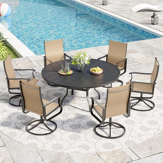 UDPATIO 7 Piece Outdoor Patio Table and Chairs Set with 51" Round Table & 6 Outdoor Swivel Rocker Chairs with High Back & Metal Frame, Patio Table with Chairs, Outdoor Patio Dining Set for Lawn