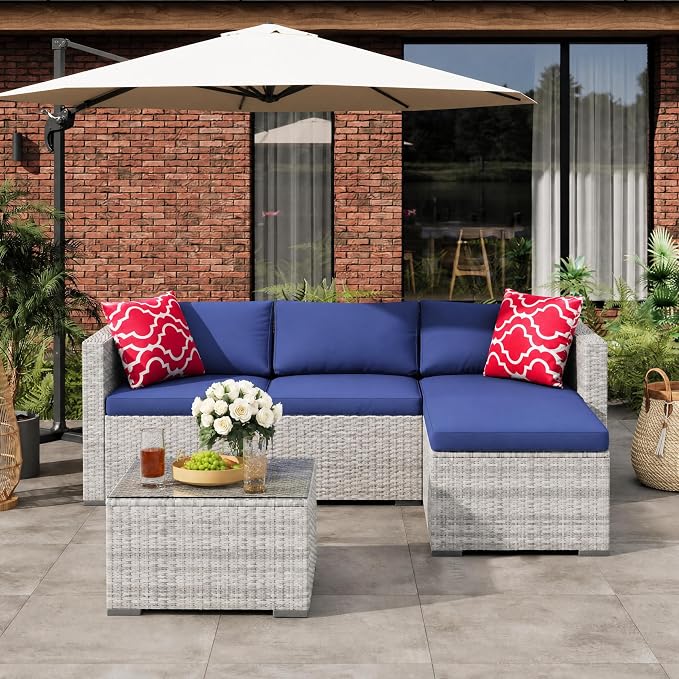GarveeHome 5 Pieces Patio Sectional Furniture Set, All Weather Wicker Rattan Sectional Sofa, Patio Conversation Set with Cushions and Glass Coffee Table for Backyard Porch Garden Balcony, Blue