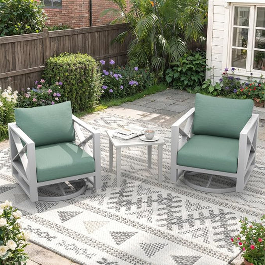 Aluminum Outdoor Patio Furniture Set with Swivel Chairs, 3-Piece Outdoor Sectional with 5.2" Thick Cushions, Patio Conversation Sets for Backyard,(White,2 Seats)