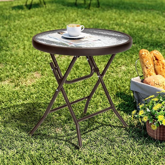 Foldable Side Table with Tempered Glass Top 18" Outdoor Folding Side Table Small Glass Patio Tables for Porch Yard Balcony Deck Lawn Dining Garden (Brown)