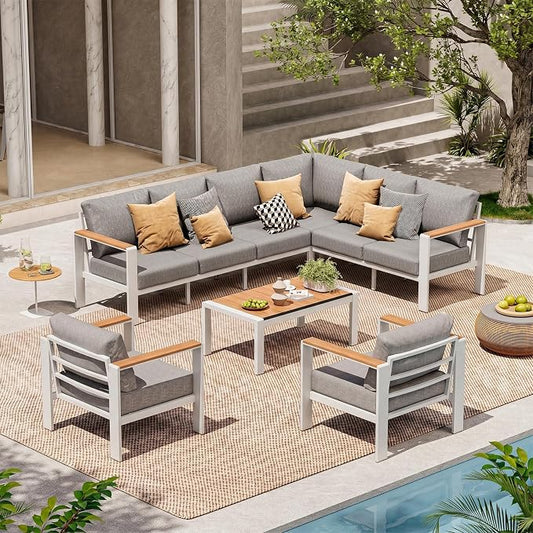 Aluminum Outdoor Patio Furniture Set, 8 Seats Patio Conversation Sets, Oversized Outdoor Sectional with Washable Thick Cushions & Coffee Table for Backyard, Garden and Poolside, White