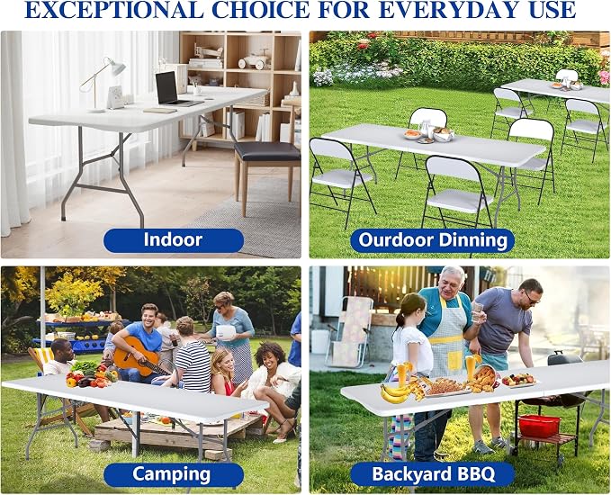 8FT Folding Tables – Heavy Duty Portable Foldable Picnic Table with Built-in Handle, 450 lb Capacity – Ideal for Events, Parties, Crafts, Camping & Dining (6-Pack, White)