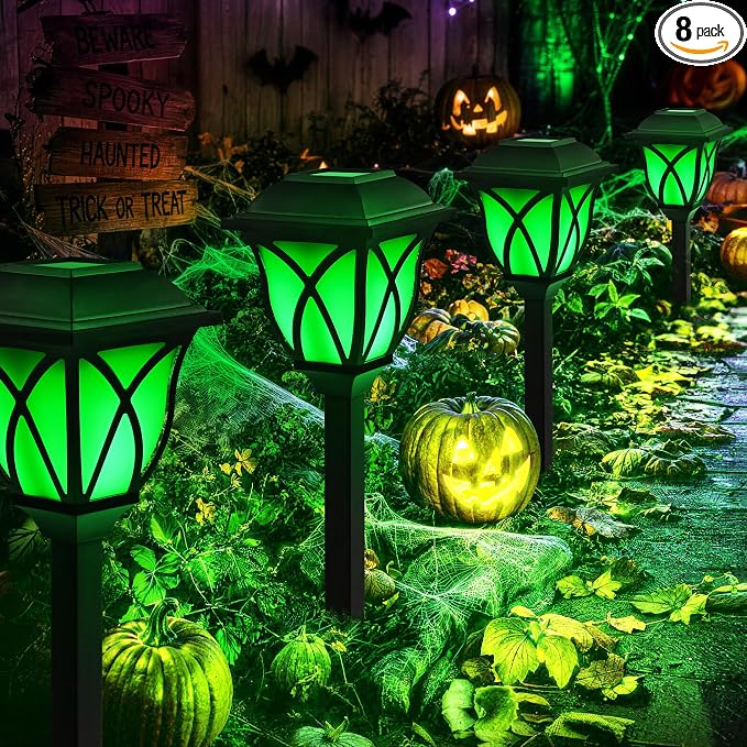 GIGALUMI Solar Halloween Lights Outdoor, LED Solar Pathway Lights 8 Pack | Garden Light Outdoor Decorations, Garden Decor for Yard, Patio, Landscape, Planter, Walkway (Green)