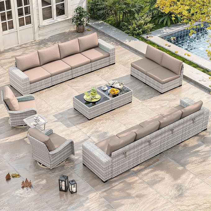 15 Piece Outdoor Wicker Sectional Sofa Set with Swivel Chairs, 12-Seats with 4" Thickened Cushions & Coffee Table, All-Weather PE Rattan for Garden, Backyard, Porch, Beige