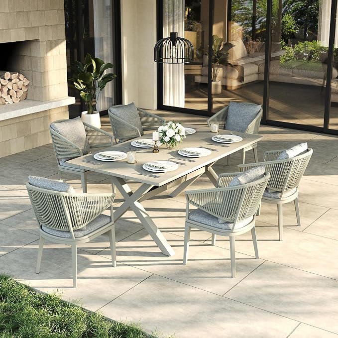LayinSun 7 Piece Outdoor Dining Table Set, Aluminum Modern Rectangular Dining Table and All-Weather Wicker Chairs Set for Patio Deck Indoor Decor Kitchen