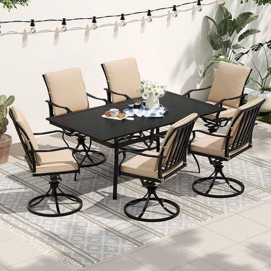 7 Piece Outdoor Patio Dining Set, 62’’ Rectangular Metal Dining Table with Umbrella Hole & 6pcs Patio Swivel Rocking Chairs, Outdoor Furniture Dining Set for Patio, Balcony, Lawn, Garden, Backyard