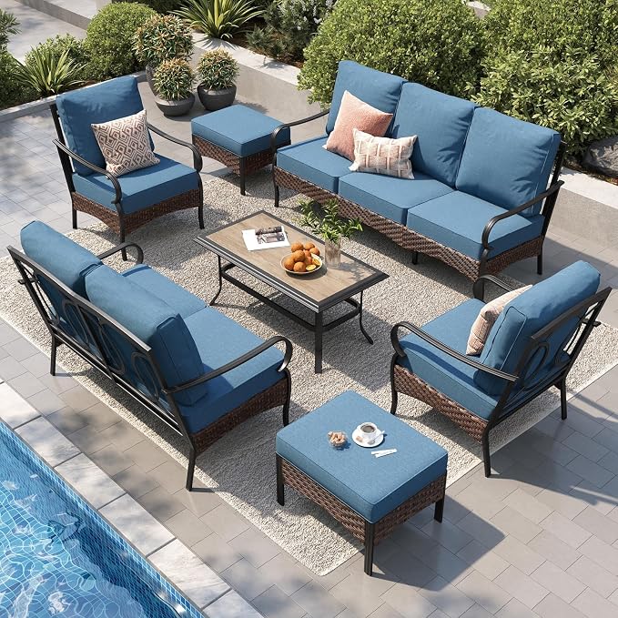 PHI VILLA Patio Furniture Set, Extra Large Wicker & Metal Outdoor Conversation Set Patio Sectional Sofa Set with Fixed Chair & Waterproof Thick Cushions for Porch, Poolside, Deck(7 Pieces, Navy)