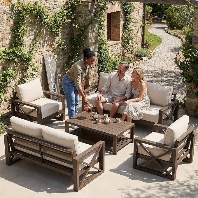 UDPATIO Aluminum Patio Furniture Set, Faux Wood Grain Modern Outdoor Furniture, 6" Cushions Metal Patio Conversation Sofa with Fire Table for Poolside Deck, 8 PCS, Dark Grey(Include 600D Covers)