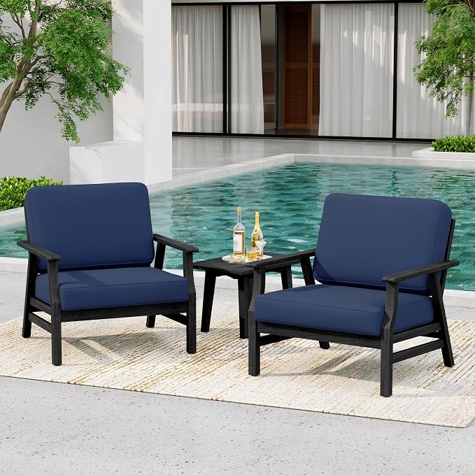 4 Pieces Patio Furniture Sets, Black Wood Outdoor Sectional Furniture with Coffee Table, 4 Seats Patio Sofa Couch Conversation Set for Backyard Deck - Navy