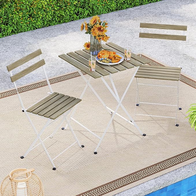 Tangkula 3 Pieces Patio Dining Set, Outdoor Square Table and Folding Chairs with Metal Frame, Space Saving Furniture Set for Yard Porch Deck Backyard (Grey)