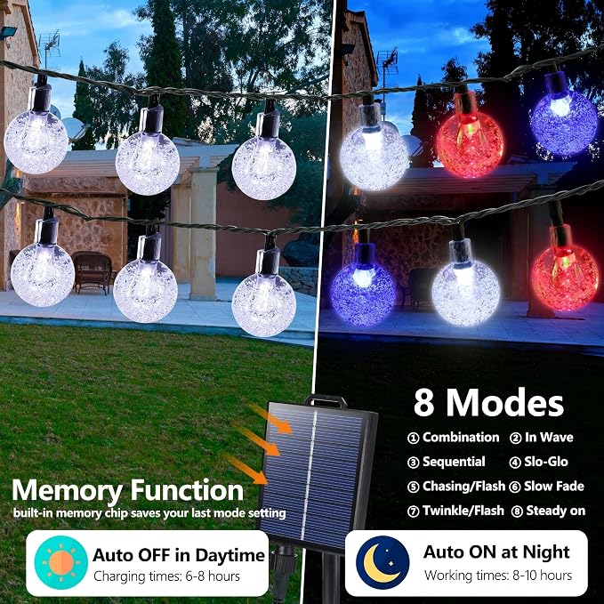 Joomer Red White Blue Solar String Lights,39FT 60LED 4th of July Decor | with 8 Lighting Modes Waterproof, Solar Powered Fairy Lights for Independence Day Yard Gazebo BBQ Patriotic Party Decorations