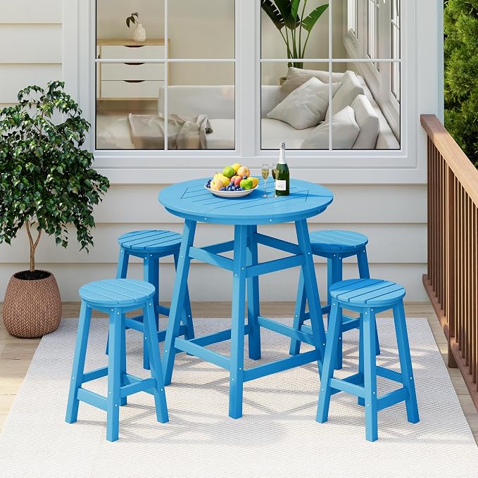 Costaelm Patio Bistro Table, 37" Counter Height Round Patio Cocktail Bar Table with Umbrella Hole, Outdoor Bistro Dining Pub Table for Front Porch Deck Backyard Garden, Pacific Blue