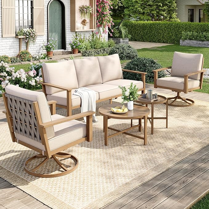 MIXPATIO 5-Piece Patio Outdoor Conversation Furniture Set with 2 Swivel Chairs, Steel Modern Outdoor Patio Conversation Sets with Waterproof Thick Cushions for Porch, Balcony, Backyard-Beige