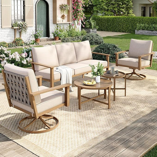 MIXPATIO 5-Piece Patio Outdoor Conversation Furniture Set with 2 Swivel Chairs, Steel Modern Outdoor Patio Conversation Sets with Waterproof Thick Cushions for Porch, Balcony, Backyard-Beige