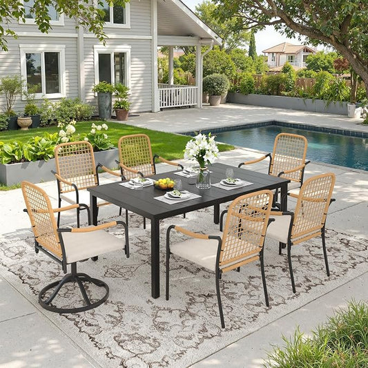 DIFY 7 Pieces Outdoor Dining Set for 6, 63" Black Rectangle Metal Table with 4 Stackable Wicker Patio Chairs & 2 Swivel Chairs, Patio Furniture Set with Cushions and Umbrella Hole, Wheat Rattan