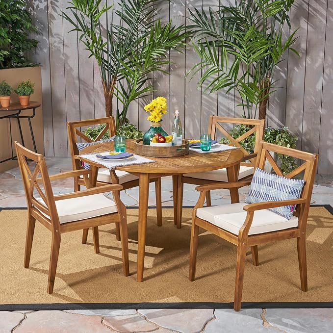 Christopher Knight Home Pines Outdoor 5 Piece Acacia Wood Dining Set with Cushions, Teak Finish and Cream