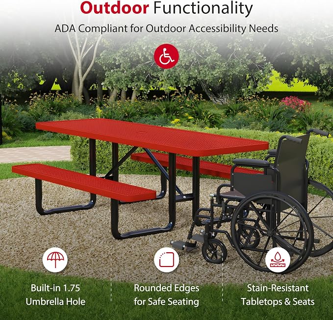 Leisure Craft Metal Picnic Table with Bench - 8 ft Rectangle Outdoor Dining Table with Umbrella Hole, Heavy Duty Thermoplastic Coating, ADA Compliant, Commercial Grade Furniture Made in USA - Red