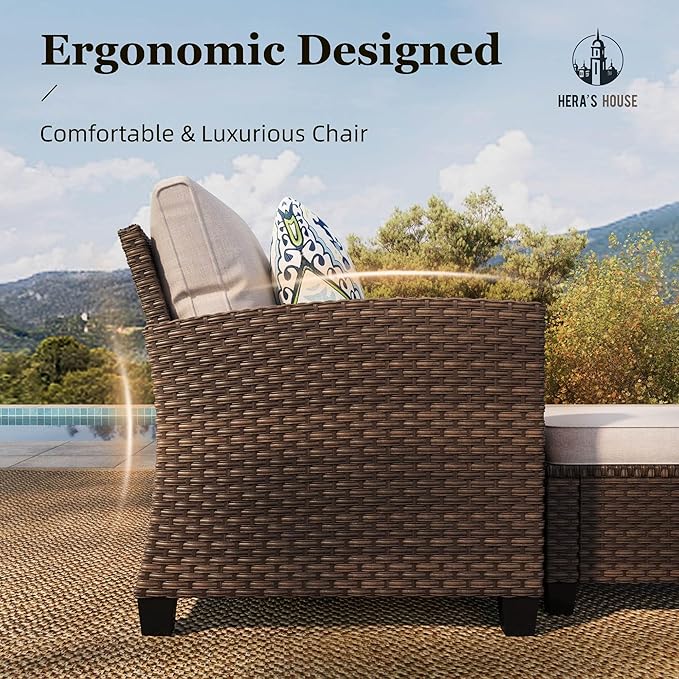 HERA'S HOUSE Small Patio Furniture Set, 3 Pieces Wicker Outdoor Sectional Set, L-Shaped Patio Couch Set, Modular Rattan Conversation Set with Lounge Sofa and Ottomans for Deck Lawn Garden, Beige
