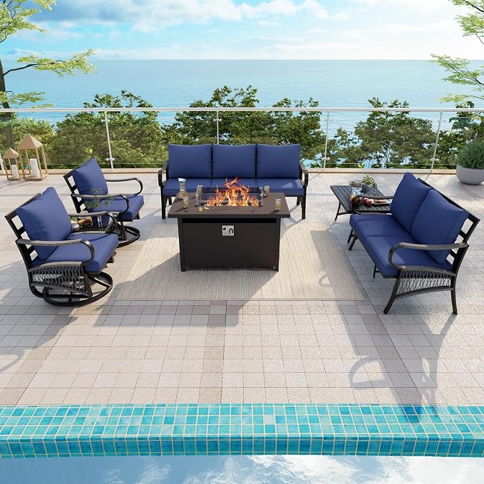 7-Piece Outdoor Furniture Set, Metal Swivel Rocking Chairs with All-Weather Cushions, Patio Conversation Set with Fire Pit Table for Deck, Porch, Garden, Backyard, Poolside (Blue Cushions)