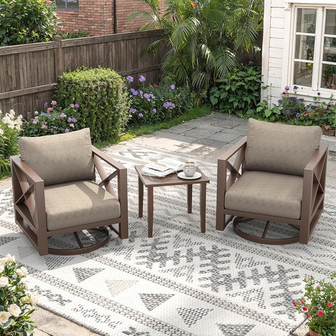 Aluminum Outdoor Patio Furniture Set with Swivel Chairs, 3-Piece Outdoor Sectional with 5.2" Thick Cushions, Patio Conversation Sets for Backyard,(Brown,2 Seats)